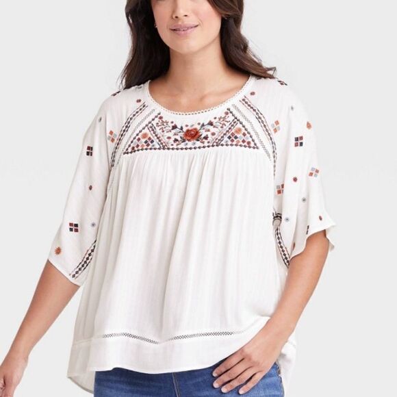Knox Rose Ivory Color Floral Embroidered Flutter Sleeve Top Blouse Size M - Picture 1 of 8